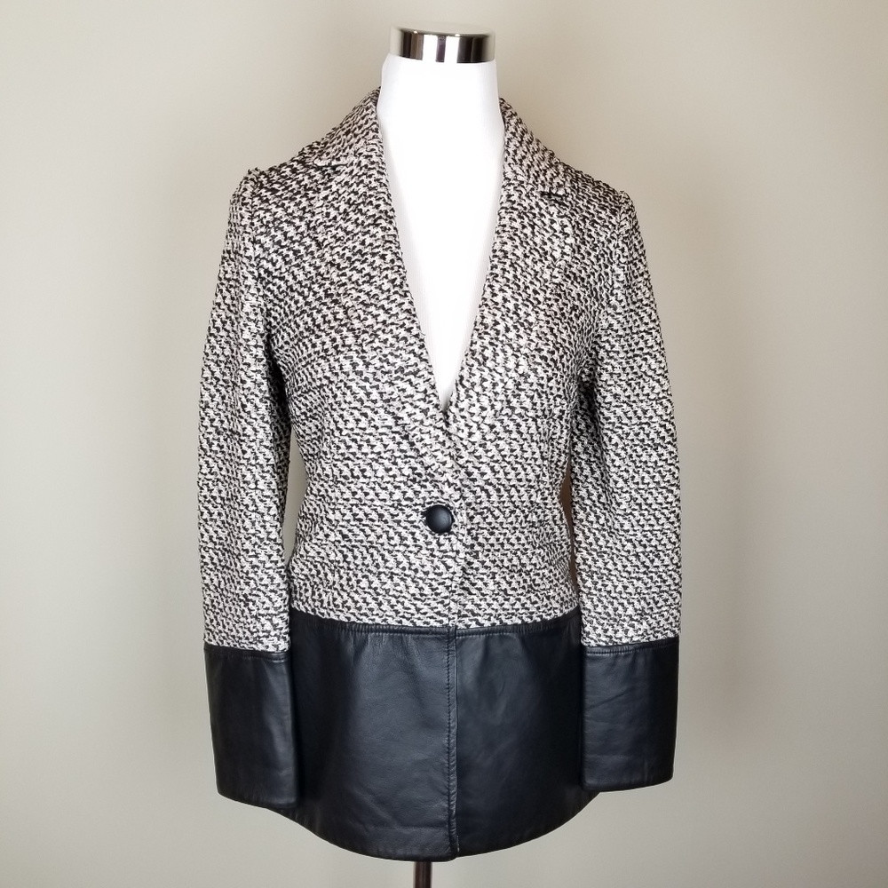 ST JOHN Marled Knit Leather Jacket Sz 2